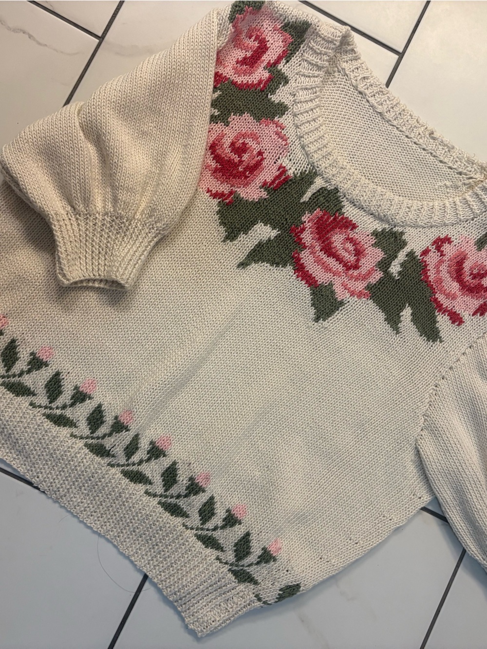 Handmade Vintage Cream Floral Knit Sweater with Pink Rose Accents